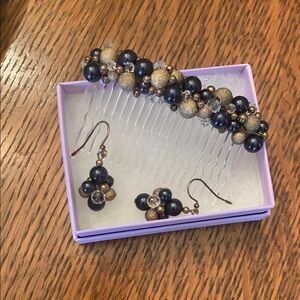 Elegant Navy blue and Gold Hair Comb and Earring Set
